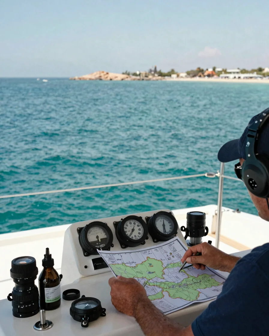 Documentary photograph, clear coastal daylight, a crew member on