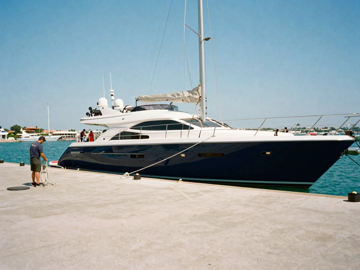 Editorial yacht photography, clear coastal daylight, a working cr