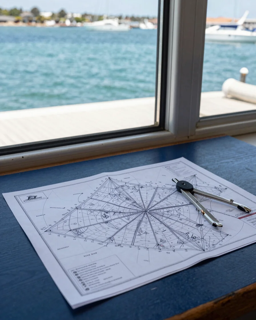 Editorial still life, clear natural daylight, a printed nautical